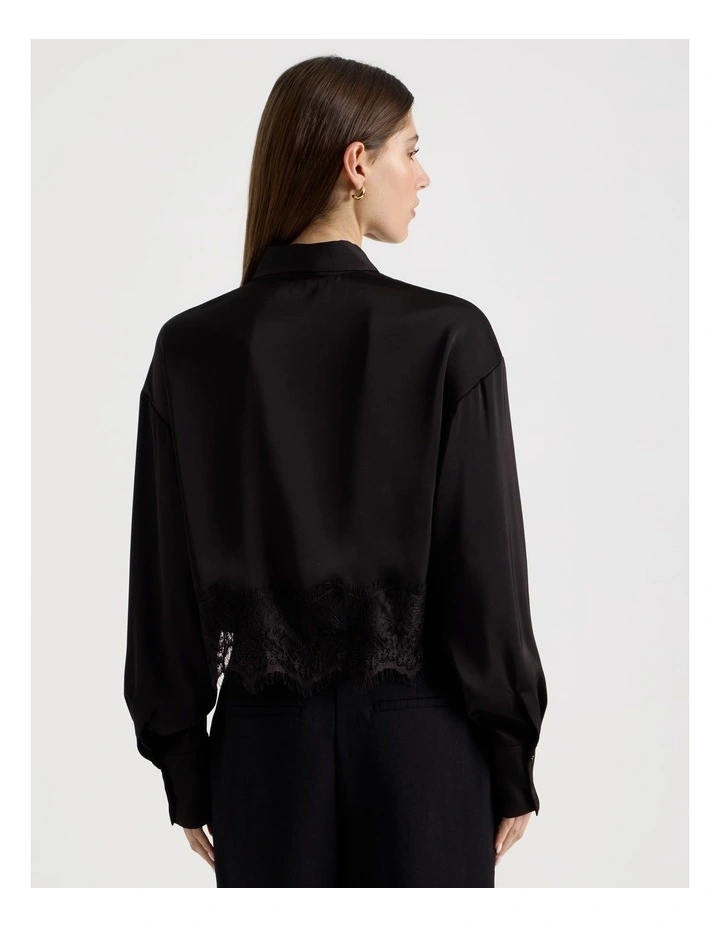 Satin Lace Trim Cropped Shirt in Black image 6
