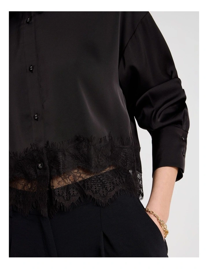 Satin Lace Trim Cropped Shirt in Black image 7