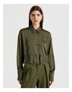 Satin Lace Trim Cropped Shirt in Khaki