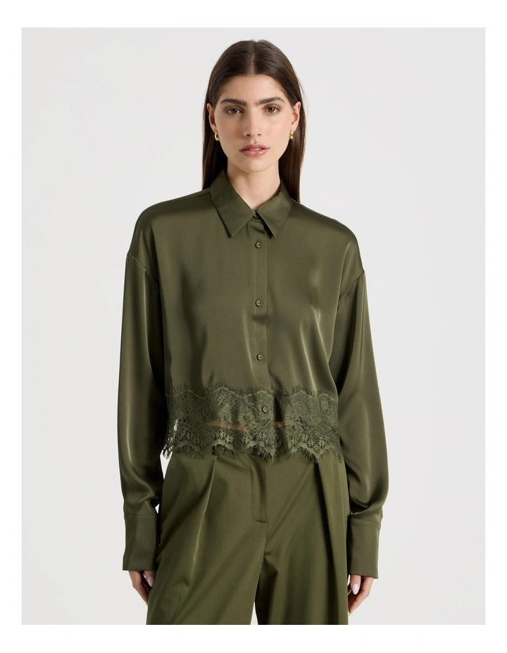 Satin Lace Trim Cropped Shirt in Khaki image 1