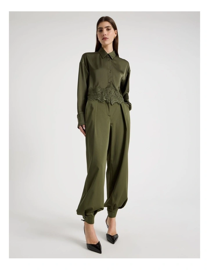 Satin Lace Trim Cropped Shirt in Khaki image 2