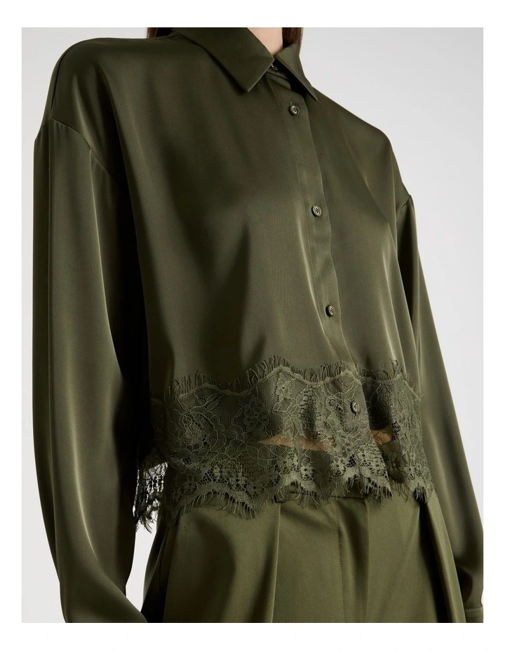 Satin Lace Trim Cropped Shirt in Khaki image 3