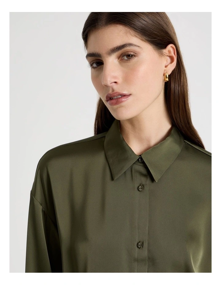 Satin Lace Trim Cropped Shirt in Khaki image 4