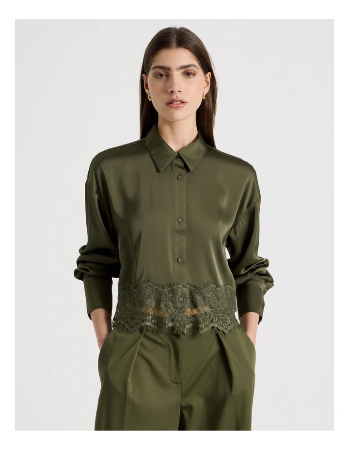 Satin Lace Trim Cropped Shirt in Khaki image 5
