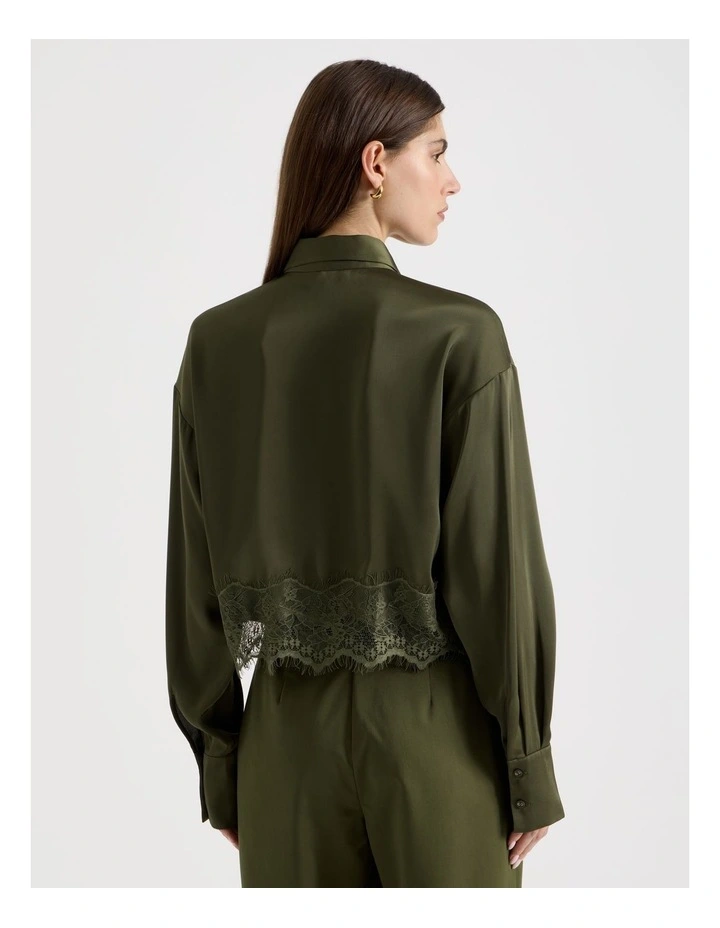 Satin Lace Trim Cropped Shirt in Khaki image 6