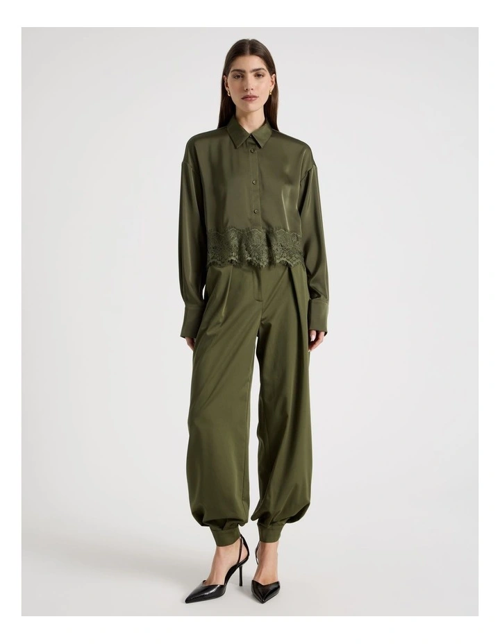 Satin Lace Trim Cropped Shirt in Khaki image 7