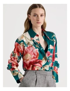 Oversized Satin Shirt in Teal Botanical Print