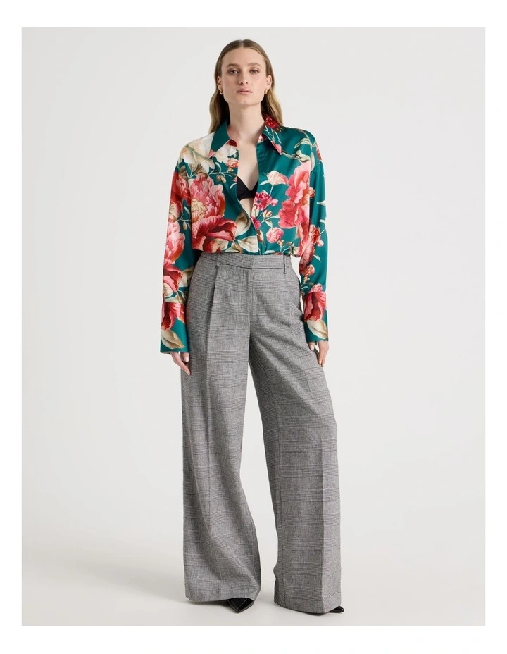 Oversized Satin Shirt in Teal Botanical Print image 2