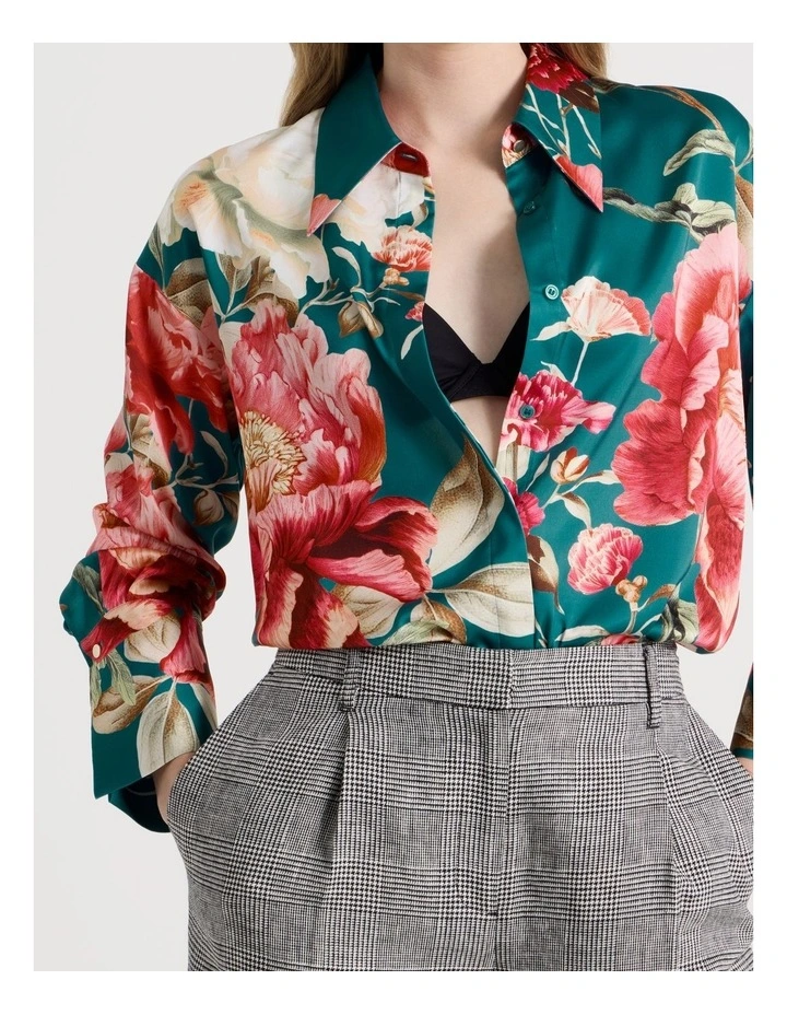 Oversized Satin Shirt in Teal Botanical Print image 3