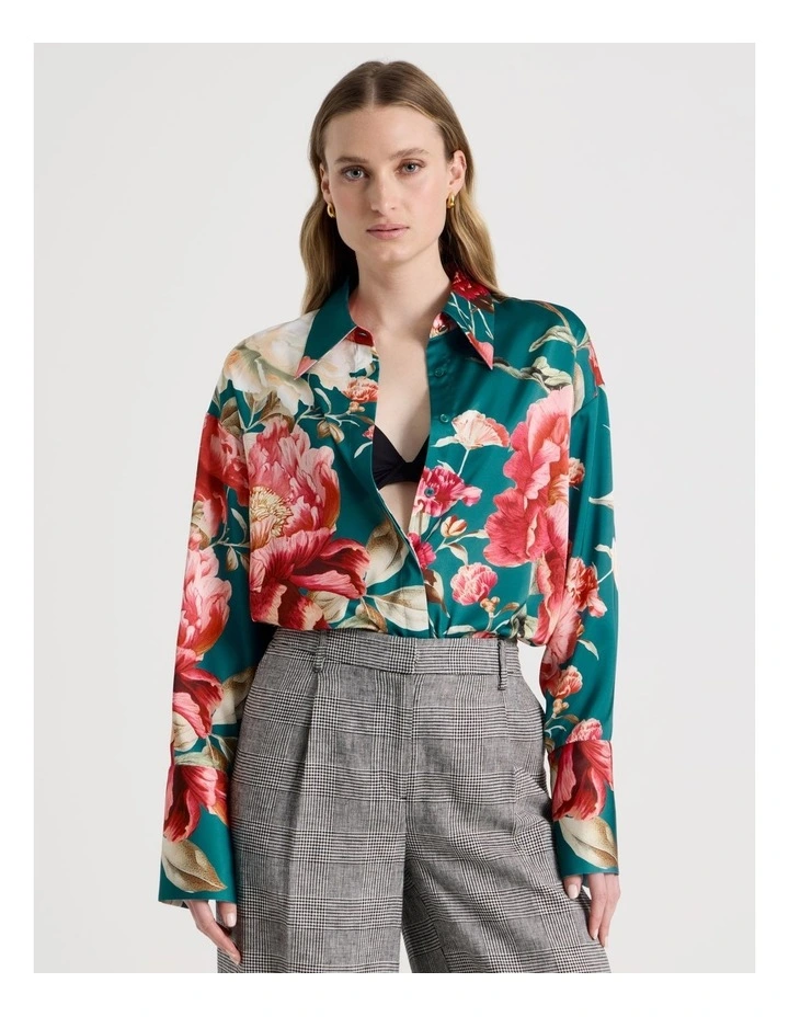 Oversized Satin Shirt in Teal Botanical Print image 4