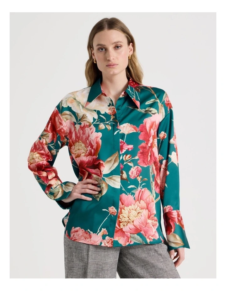 Oversized Satin Shirt in Teal Botanical Print image 5