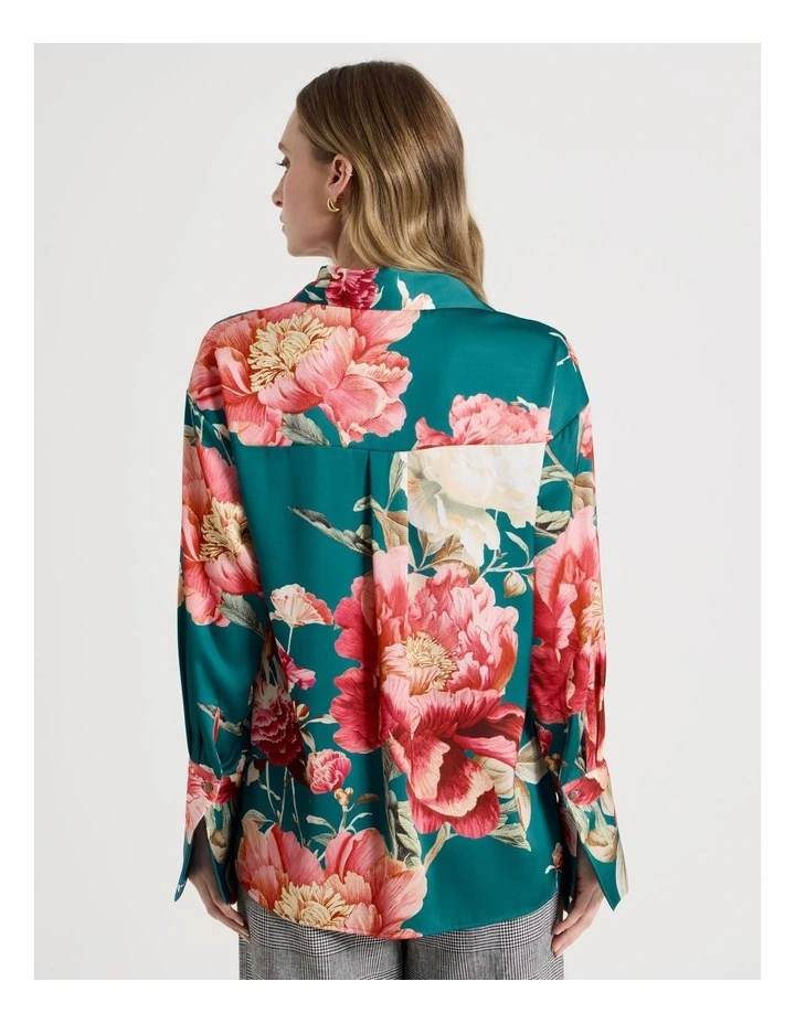 Oversized Satin Shirt in Teal Botanical Print image 6
