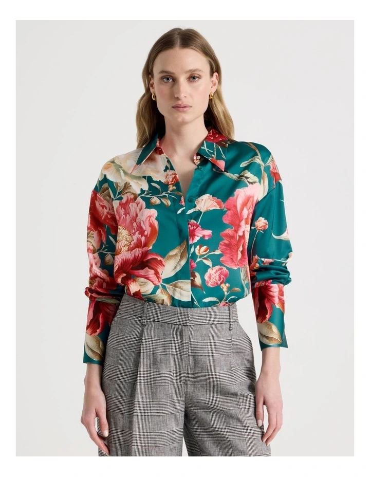 Oversized Satin Shirt in Teal Botanical Print image 7