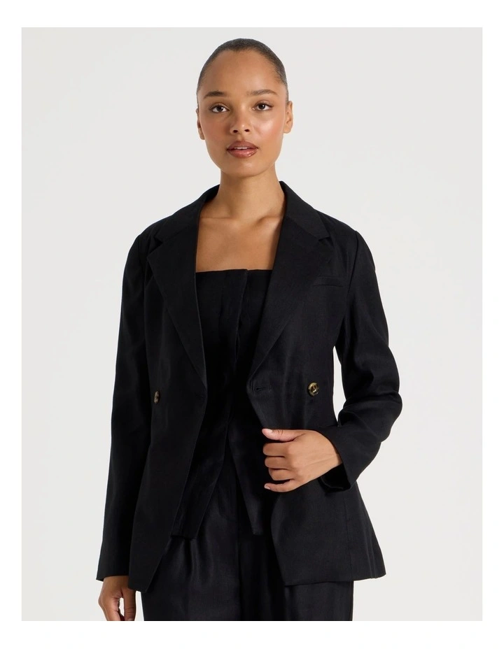 Linen Blend Dropped Shoulder Blazer in Black image 1