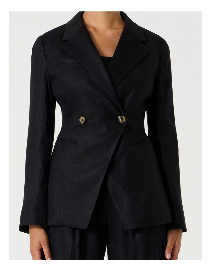 Linen Blend Dropped Shoulder Blazer in Black image 3