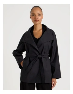 Funnel Neck Belted Jacket in Black