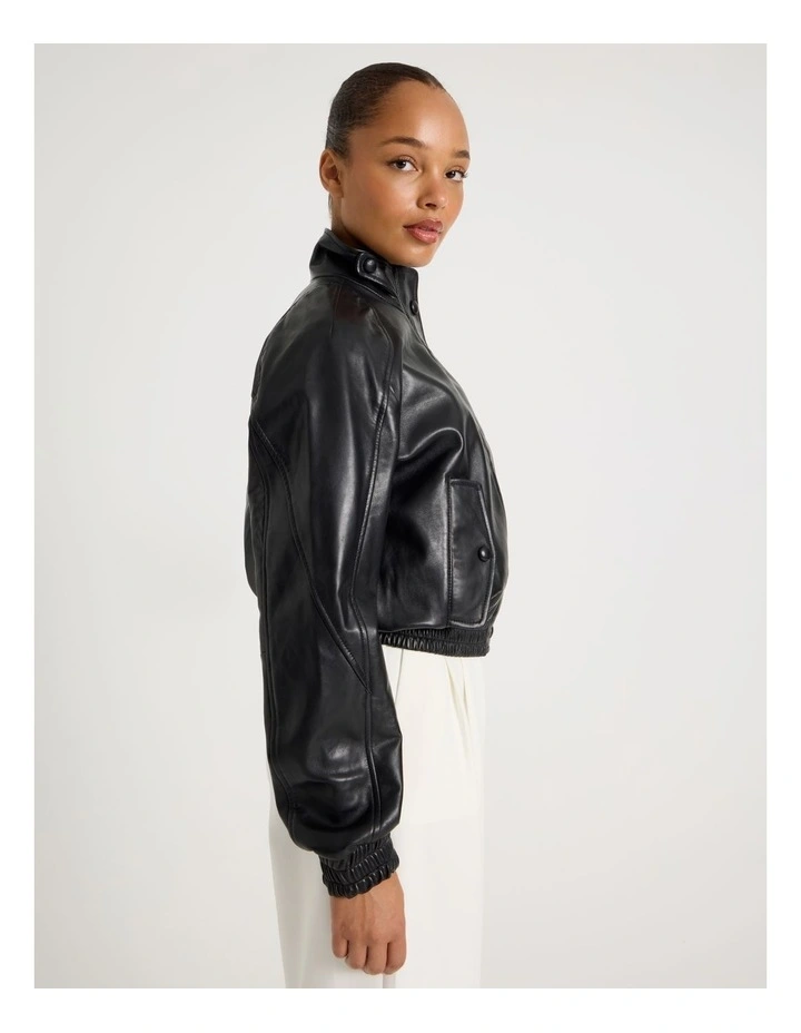 Leather Bomber Jacket in Black image 3