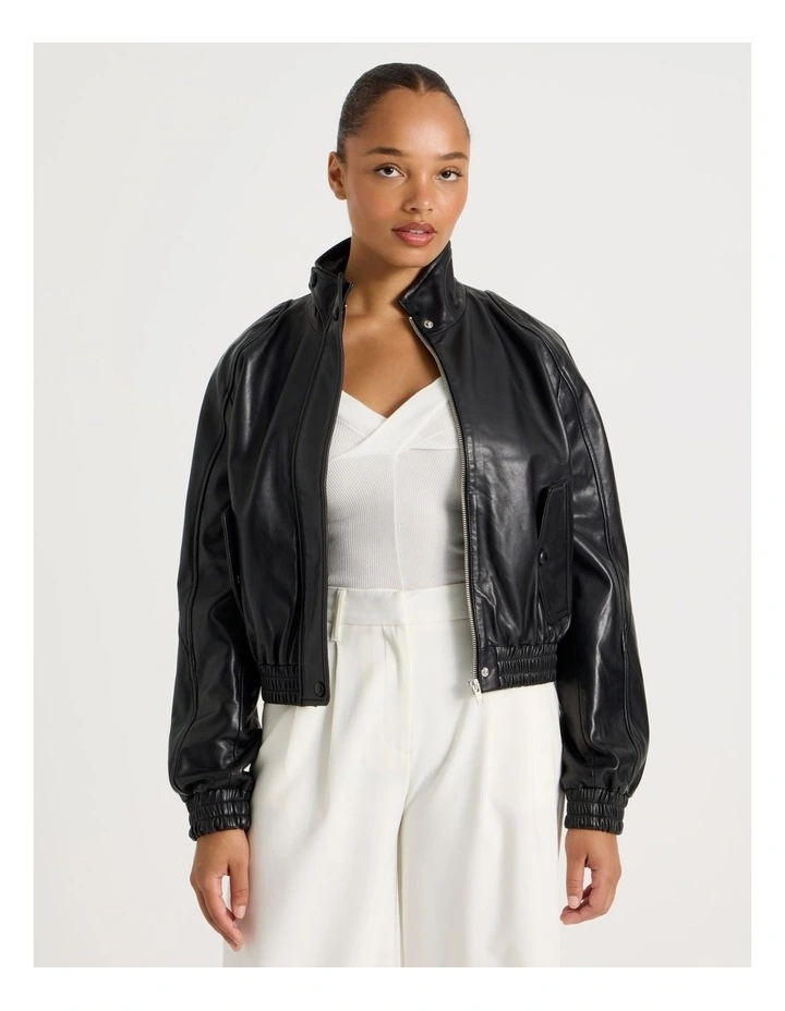 Leather Bomber Jacket in Black image 4