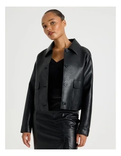 Faux Leather Button Up Jacket in Black