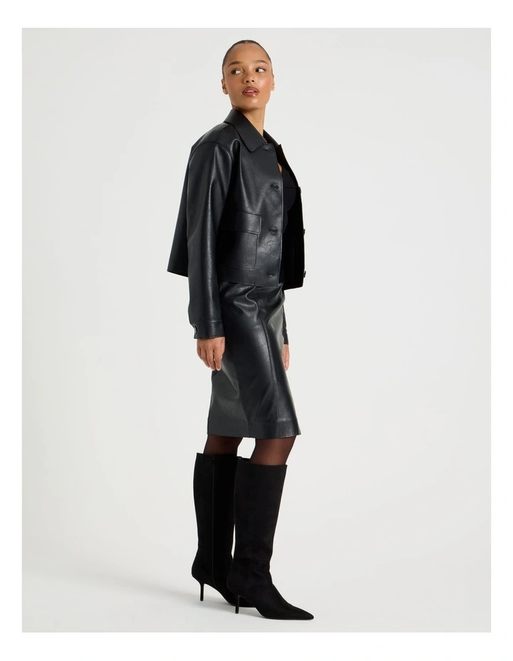 Faux Leather Button Up Jacket in Black image 2