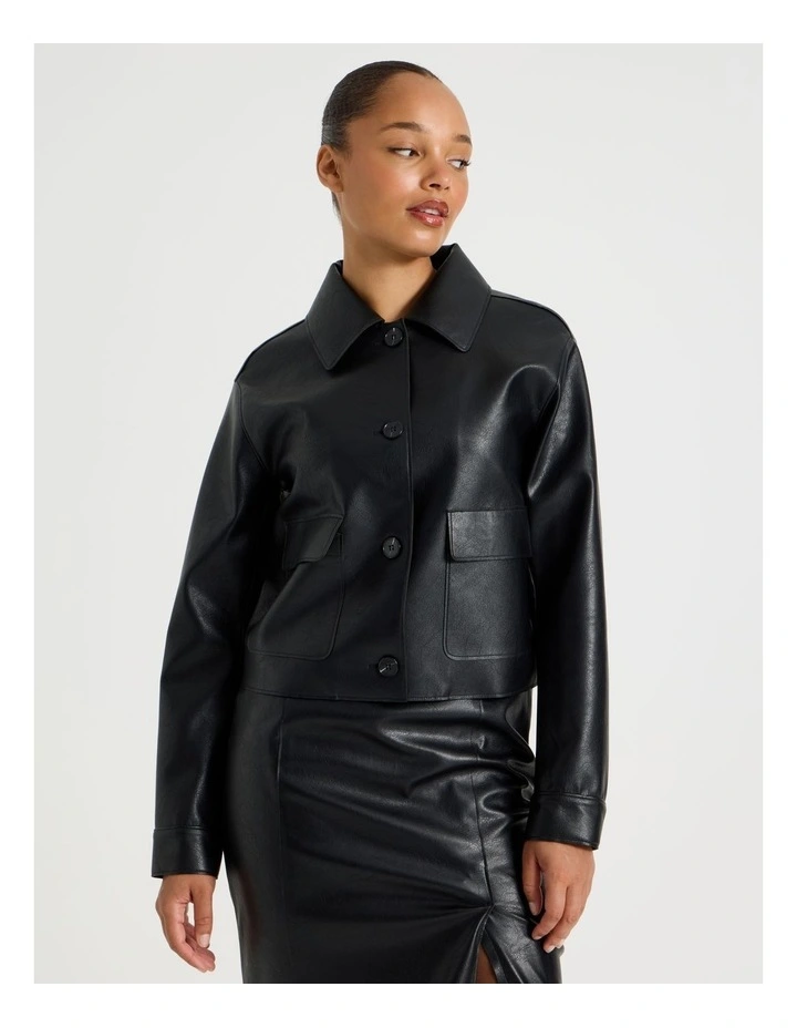 Faux Leather Button Up Jacket in Black image 3