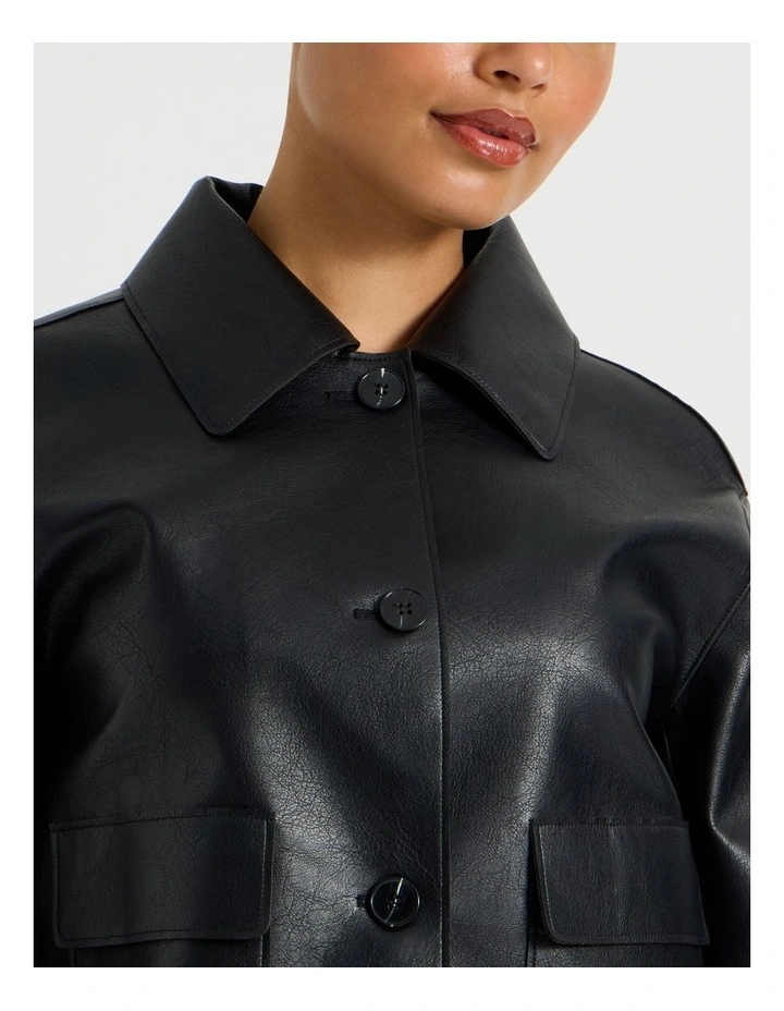 Faux Leather Button Up Jacket in Black image 4