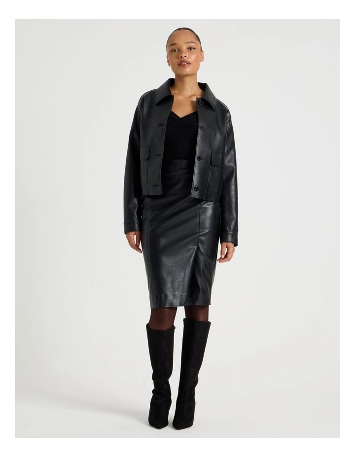 Faux Leather Button Up Jacket in Black image 5