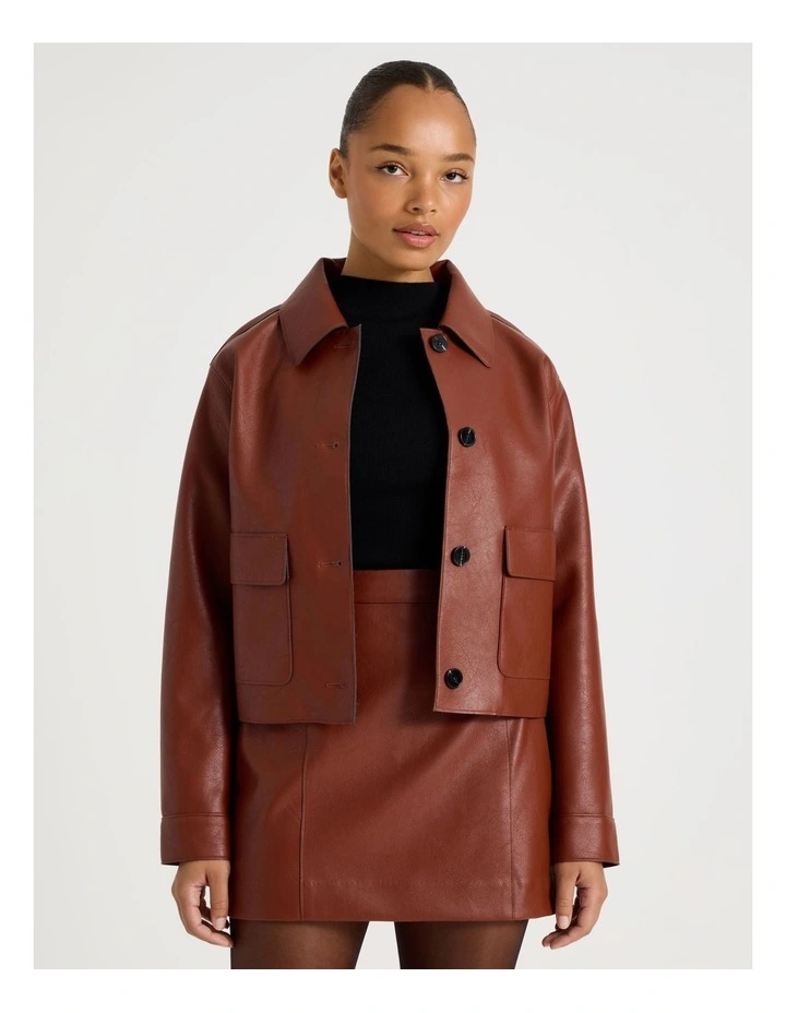 Faux Leather Button Up Jacket in Cognac image 1