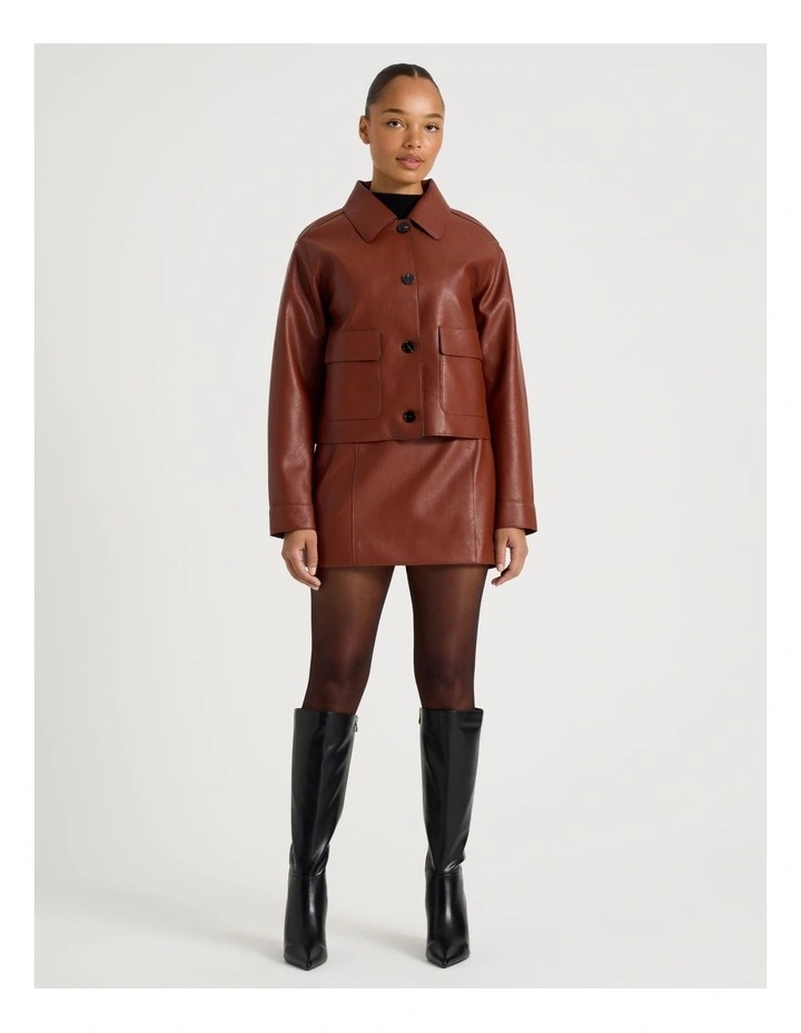Faux Leather Button Up Jacket in Cognac image 2
