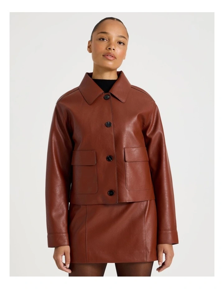 Faux Leather Button Up Jacket in Cognac image 3