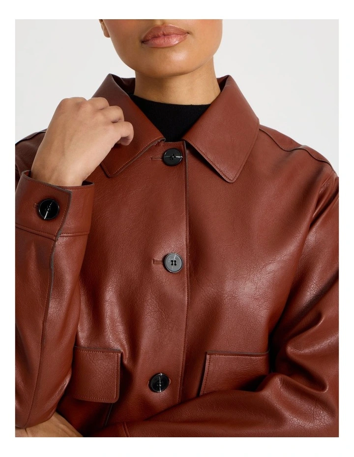 Faux Leather Button Up Jacket in Cognac image 5