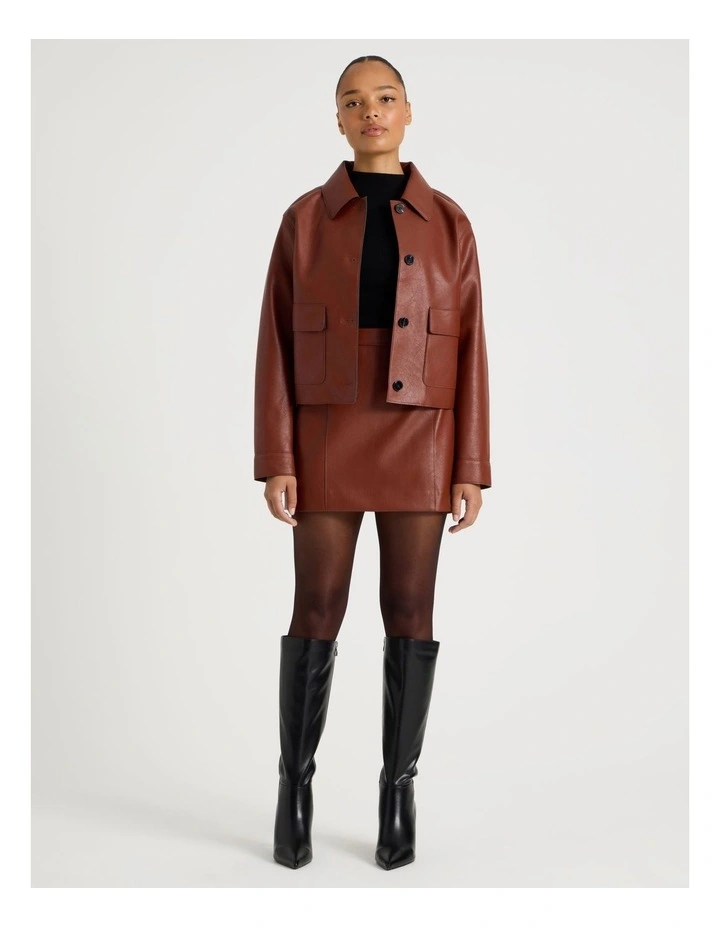 Faux Leather Button Up Jacket in Cognac image 7