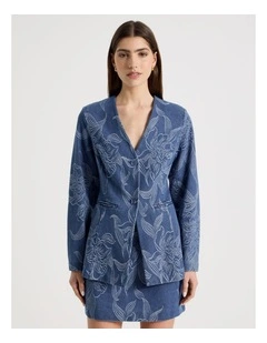 Denim Jacquard Collarless Blazer in Blue