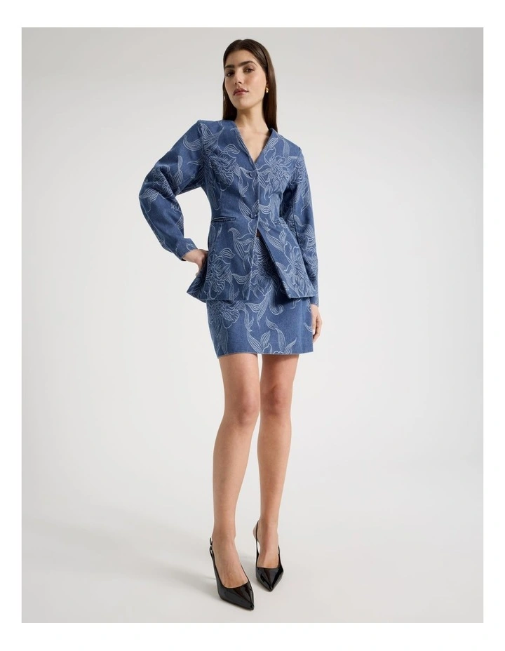 Denim Jacquard Collarless Blazer in Blue image 2