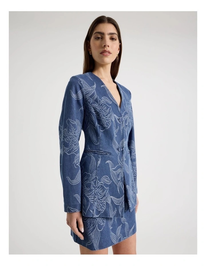 Denim Jacquard Collarless Blazer in Blue image 3