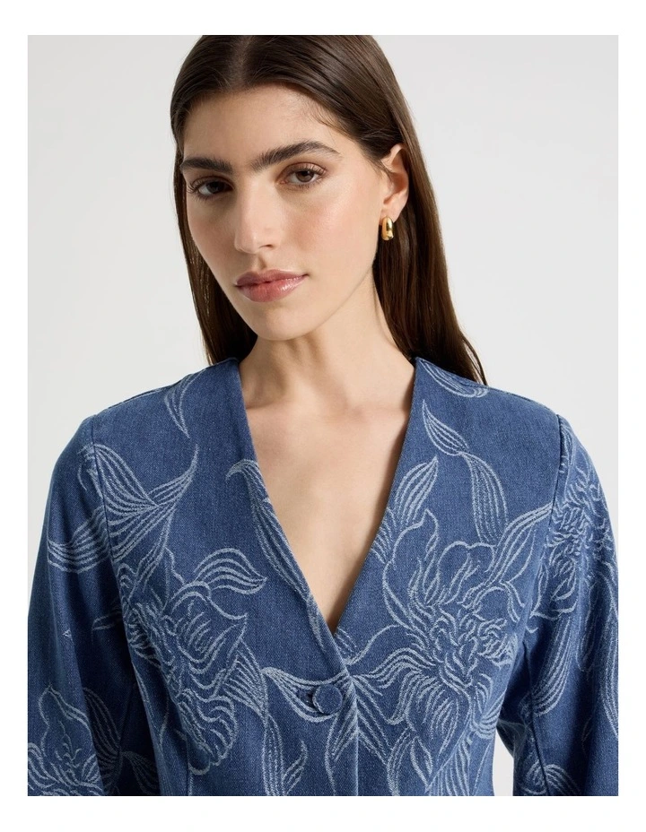 Denim Jacquard Collarless Blazer in Blue image 4