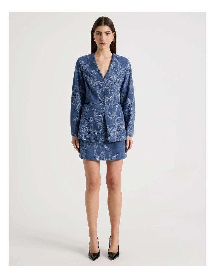 Denim Jacquard Collarless Blazer in Blue image 5