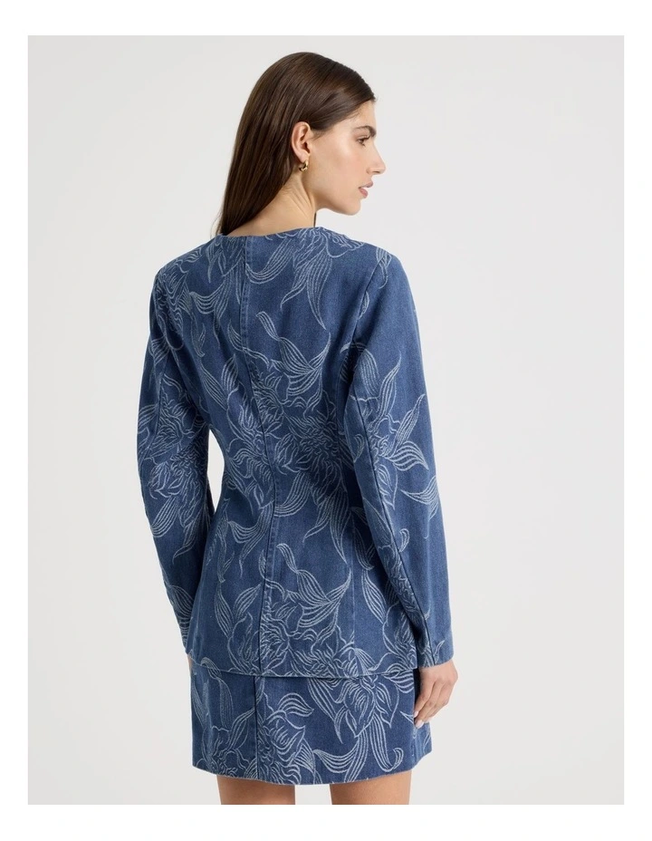 Denim Jacquard Collarless Blazer in Blue image 6