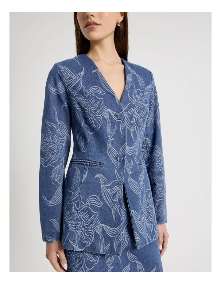 Denim Jacquard Collarless Blazer in Blue image 7