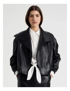 Faux Leather Bomber Jacket in Black