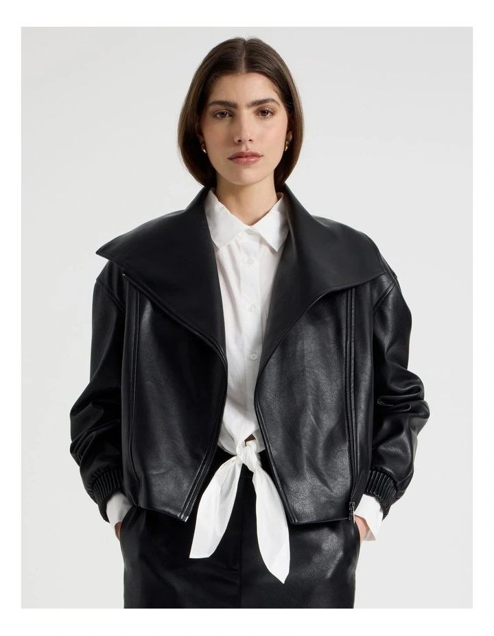 Faux Leather Bomber Jacket in Black image 1