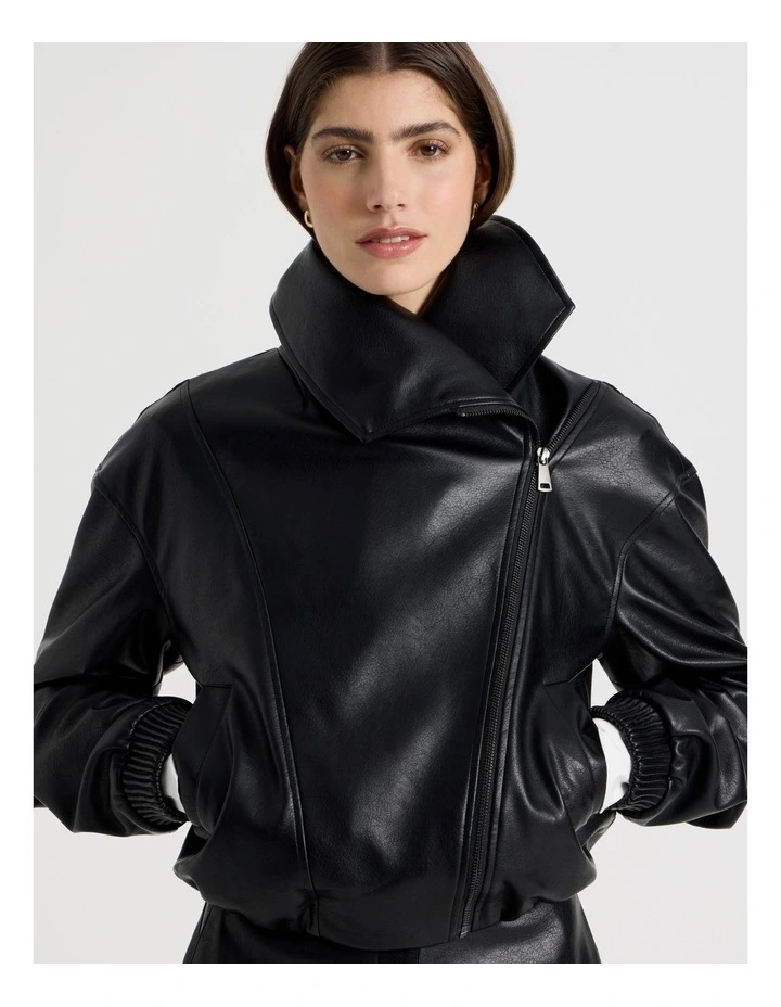 Faux Leather Bomber Jacket in Black image 2