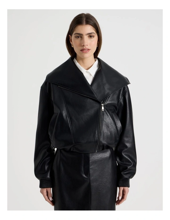 Faux Leather Bomber Jacket in Black image 3