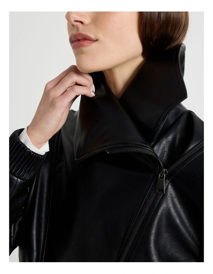 Faux Leather Bomber Jacket in Black image 4