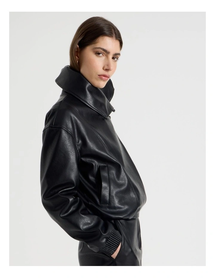 Faux Leather Bomber Jacket in Black image 5