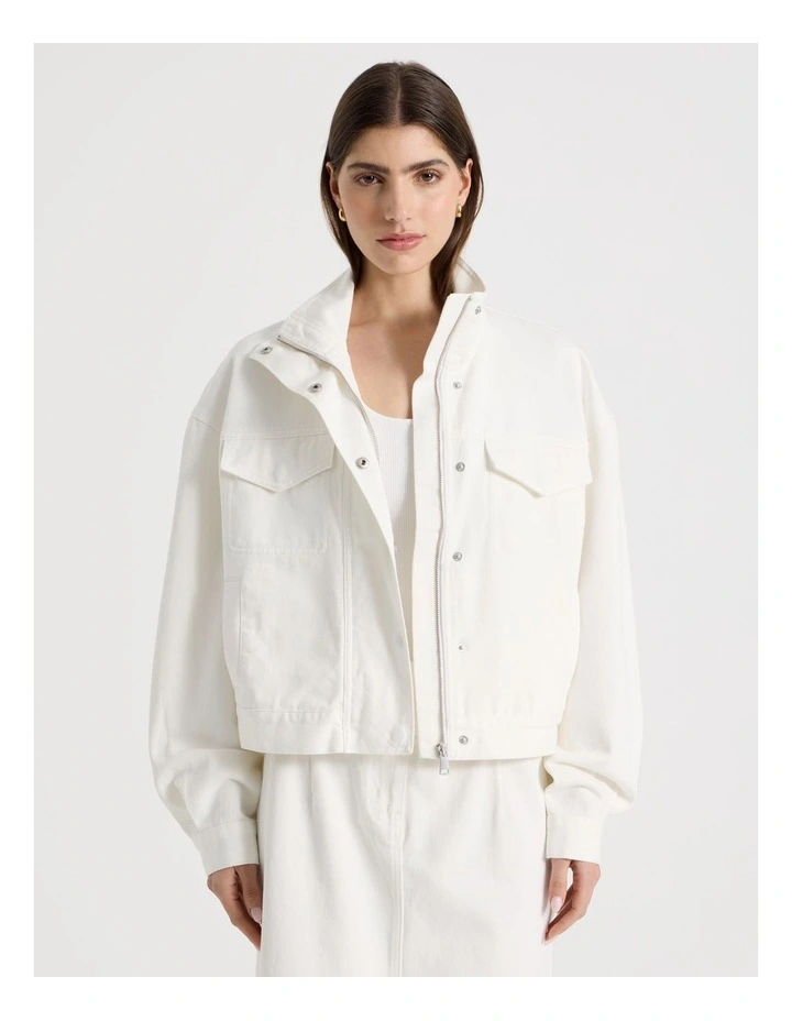 Denim Funnel Neck Jacket in Ivory image 1