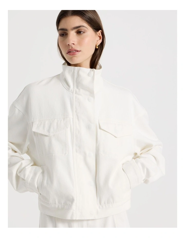Denim Funnel Neck Jacket in Ivory image 2