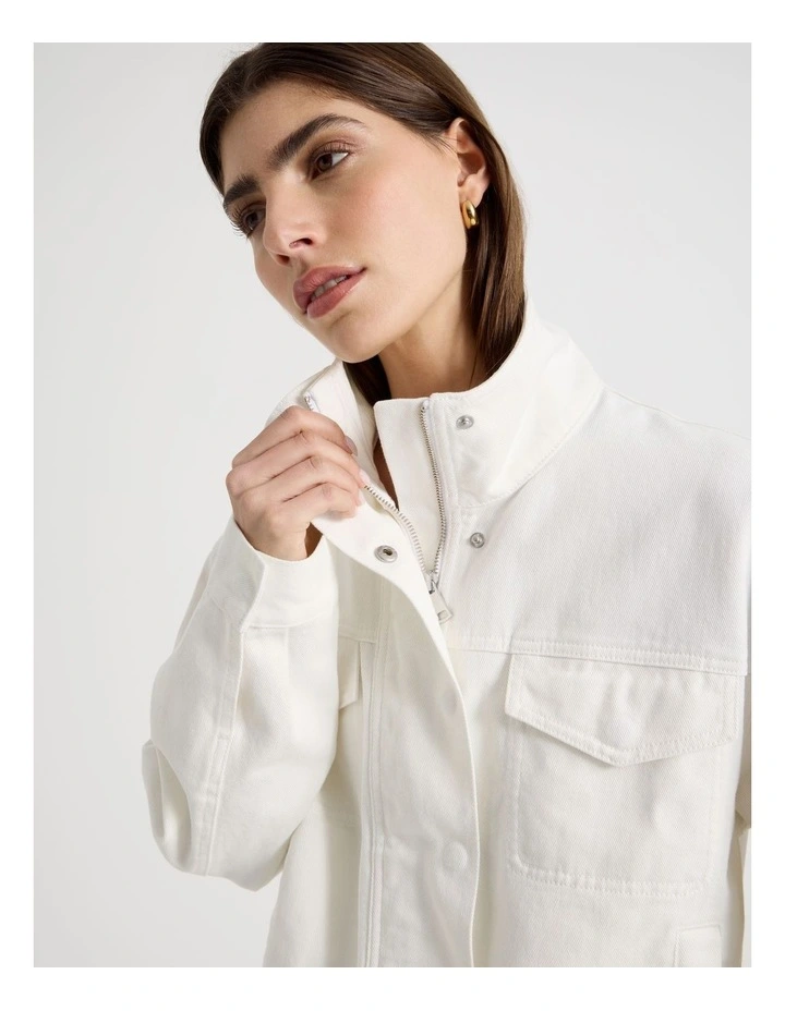 Denim Funnel Neck Jacket in Ivory image 3