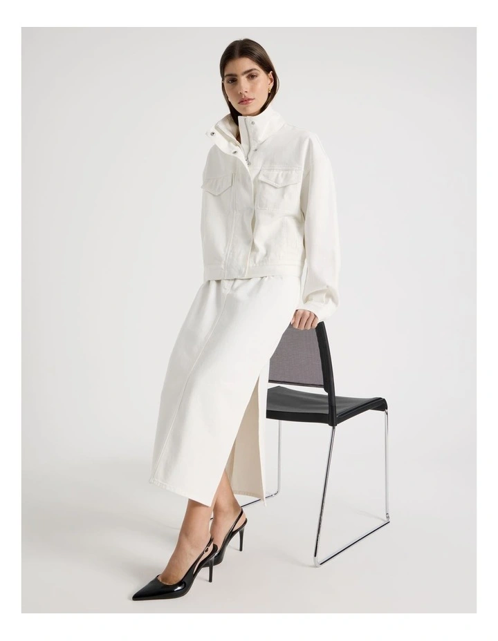 Denim Funnel Neck Jacket in Ivory image 4