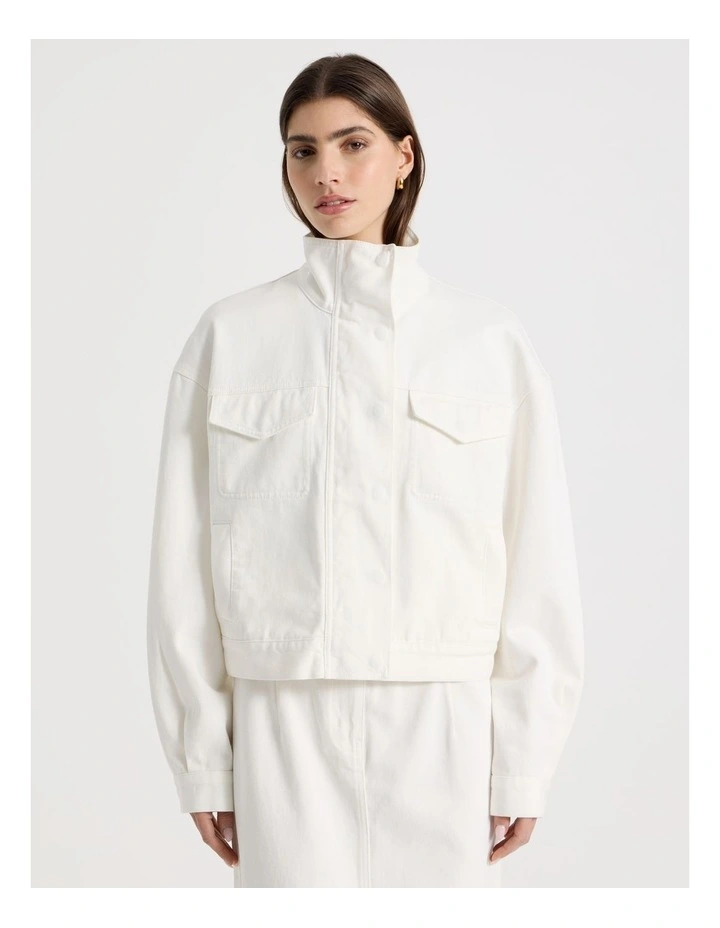 Denim Funnel Neck Jacket in Ivory image 5